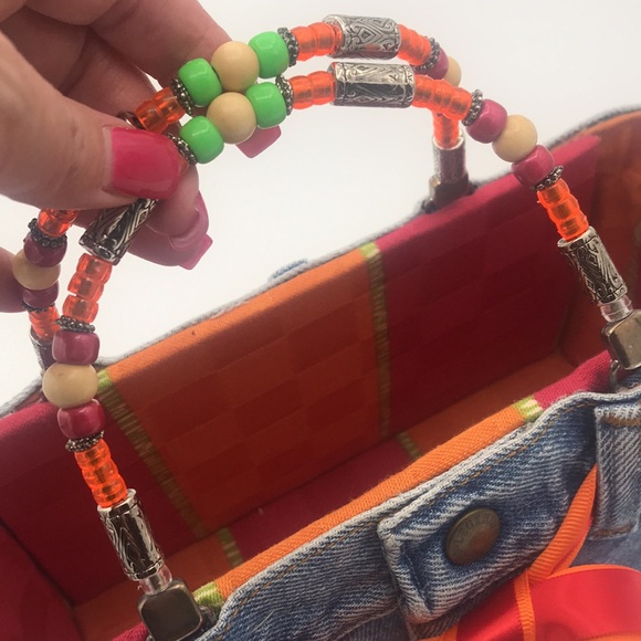 Original Denim Jean BOOTIE BAG Handbag w/Beaded Handles & Ribbons #075397 - Picture 4 of 10